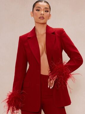 WORN ONCE - Clarissa Feather Blazer Suit Set - Red